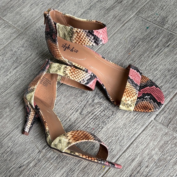 Style & Co. Shoes - Style & Co. Multicolor Snake-Print Ankle Strap Heels
